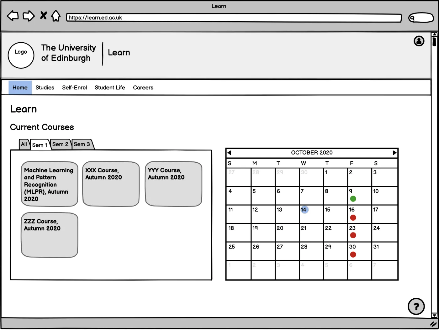 Redesigned Learn homepage mockup with a semester-segmented course list and an academic calendar
