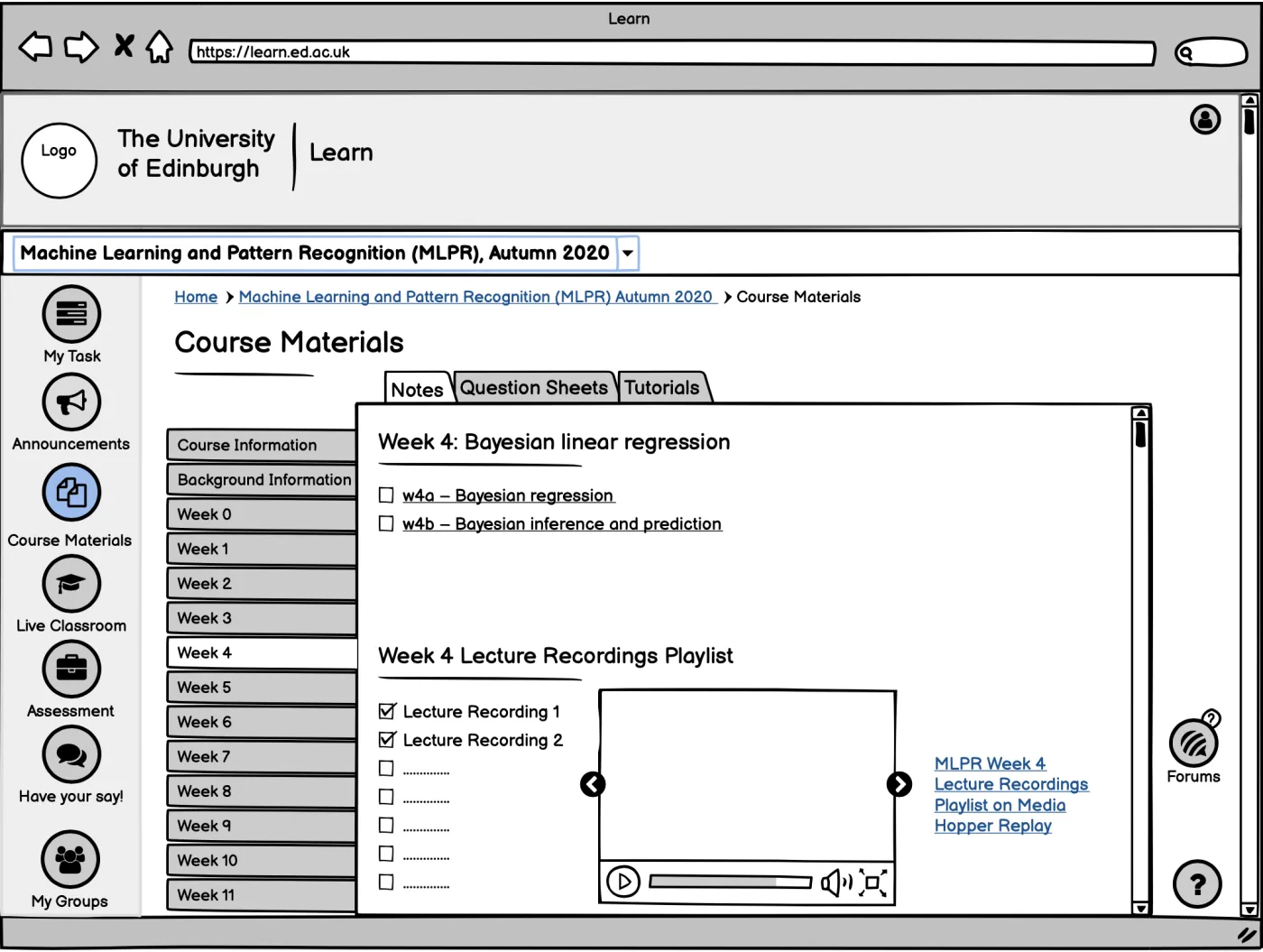 Course Materials page with categorised resources, checklist tracking and video resume
