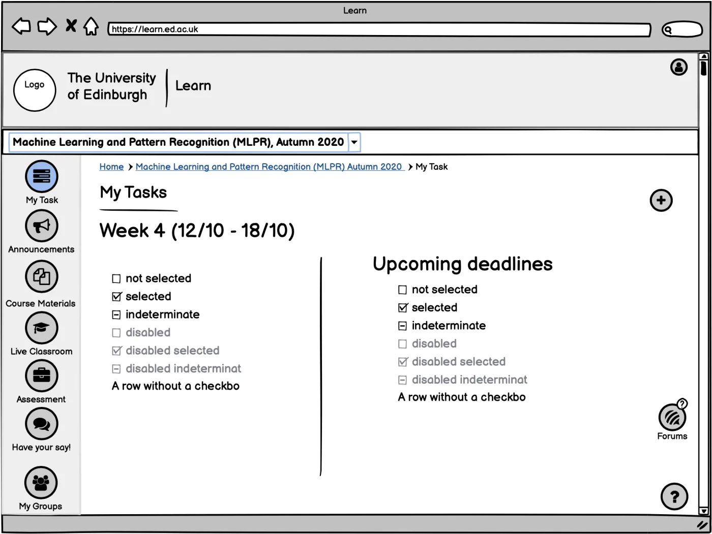 My Tasks page showing the week's tasks and upcoming deadlines